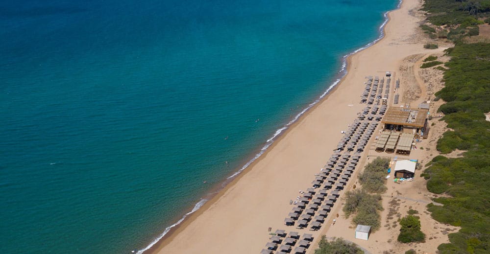 An aerial view of the Dunes beach and Barbouni restaurant