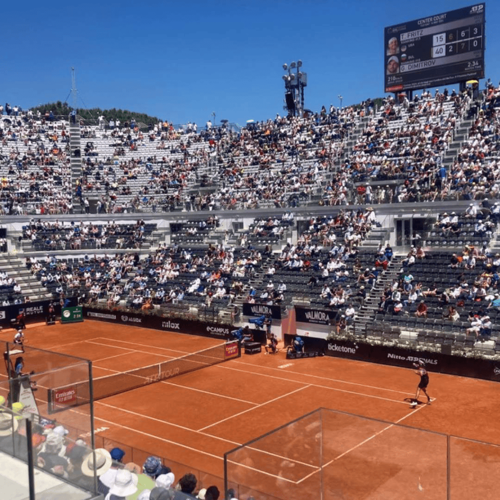 Clay court match in progress on Campo Centrale at the Italian Open tennis tournament in Rome
