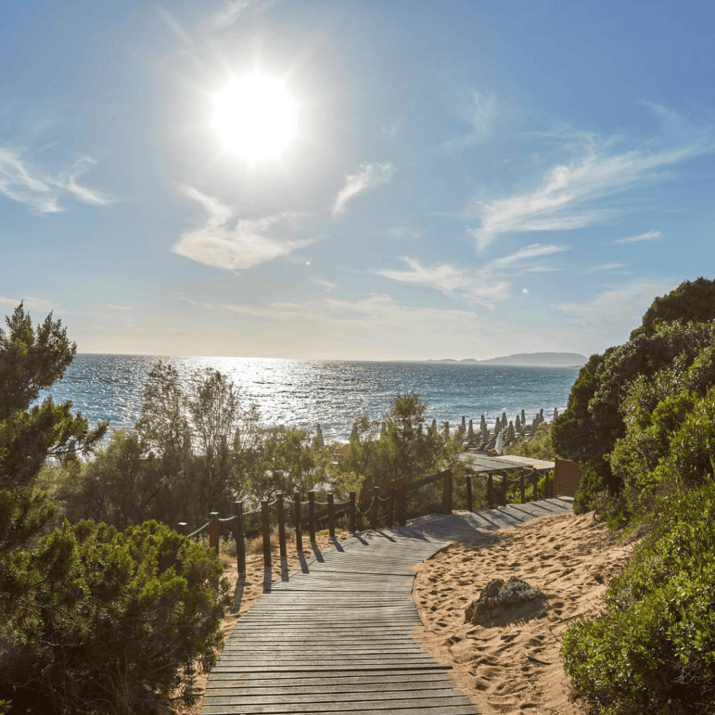 Coastal walkway overlooking the Dunes Beach at Costa Navarino resort in Greece
