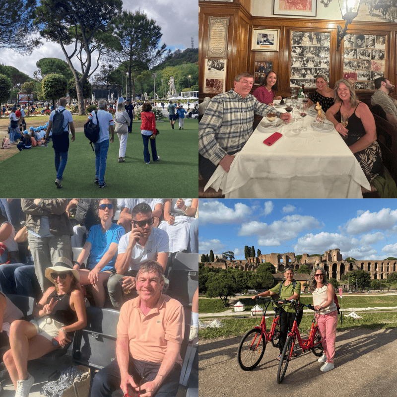 Collage showing guests enjoying the 2026 Italian Open in Rome, dining together and exploring the city.