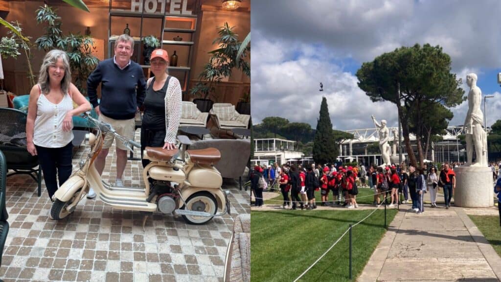 On the left picture of the host and guests in the lobby area of the hotel in Monti with a vintage Vespa in the foreground. On the right around the grounds in Foro Italico with marble statues and umbrella pines